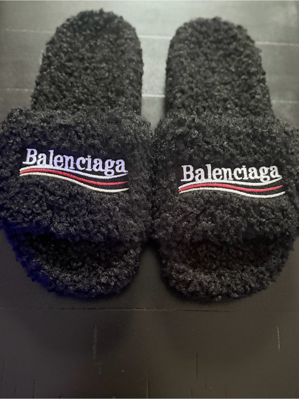 Balenciaga Black Sherpa Logo Slide Slippers with Red & White Accent